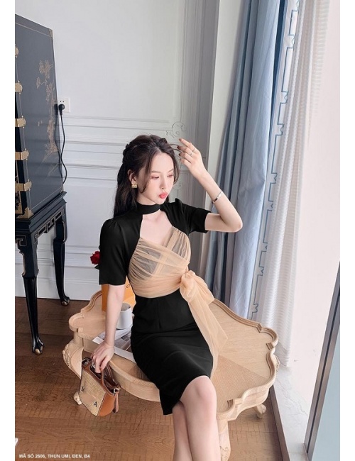 Đầm Ôm Dạ Tiệc Tay Ngắn Quấn Nơ Lưới Quanh Ngực - 2606