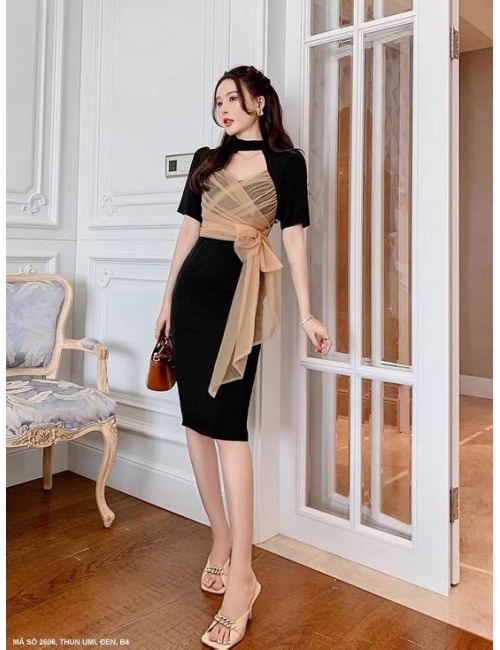 Đầm Ôm Dạ Tiệc Tay Ngắn Quấn Nơ Lưới Quanh Ngực - 2606