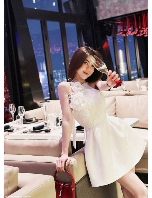 Đầm Xòe Cổ Nơ Sau, Trước Ngực Đính 2 Hoa Hồng - 2626