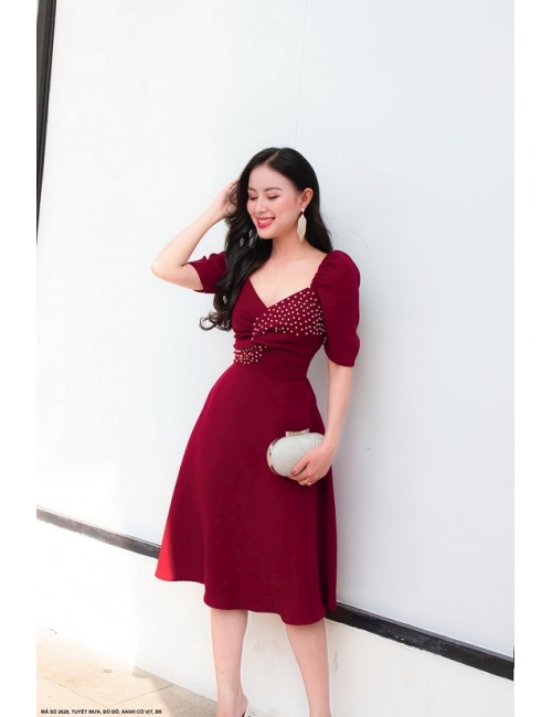 Đầm Xòe Dạo Phố Ngực Kết Ngọc Trai - 2628