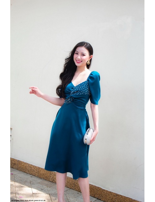 Đầm Xòe Dạo Phố Ngực Kết Ngọc Trai - 2628