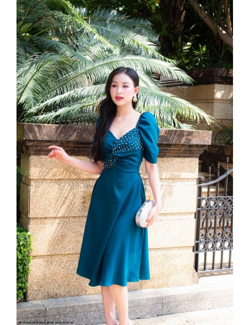 Đầm Xòe Dạo Phố Ngực Kết Ngọc Trai - 2628