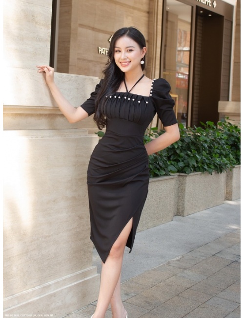 Đầm Cổ Vuông Dún Ngực Dún Tay Lai Xẻ Cá Tính - 2632