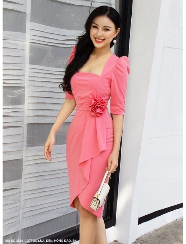 Đầm Cổ Vuông Dún Tay Eo Đính Hoa Hồng Xinh Xắn - 2634