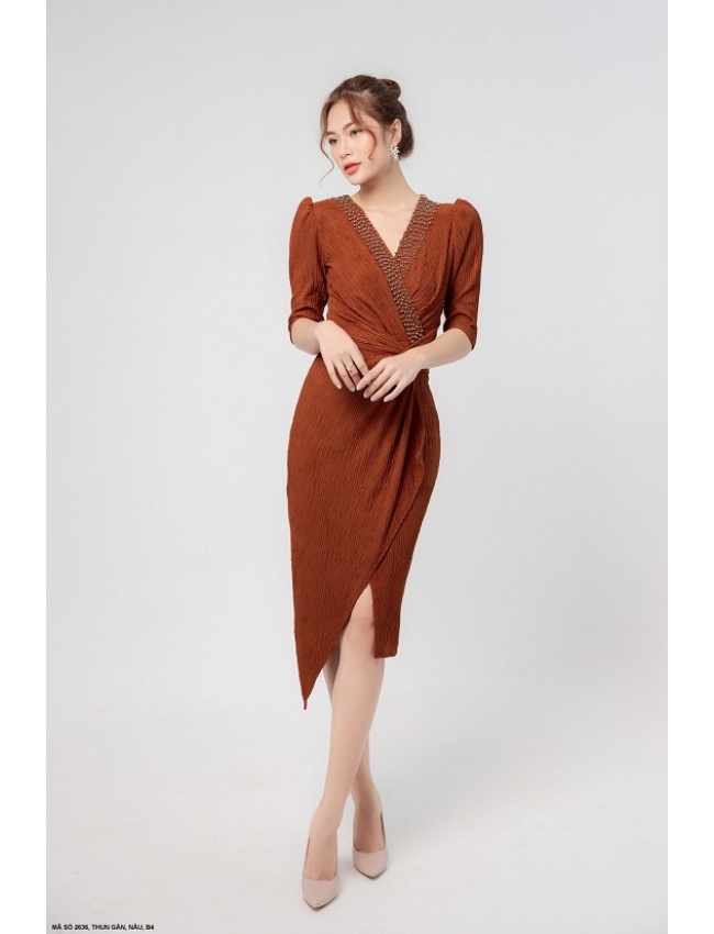Đầm Cổ Tim Chéo Tay Lỡ Lai Đấp Chéo Quyến Rũ - 2636
