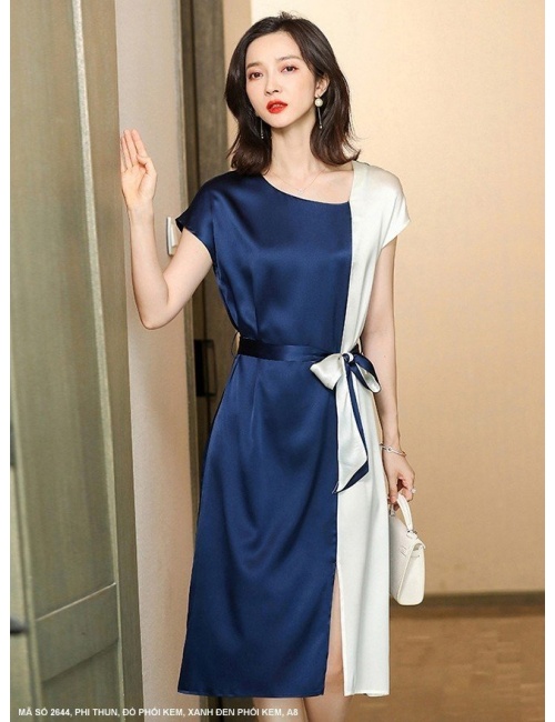 Đầm Suông Phối 2 Màu Eo Cột Nơ - 2644