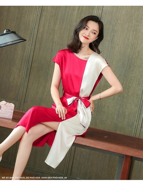 Đầm Suông Phối 2 Màu Eo Cột Nơ - 2644