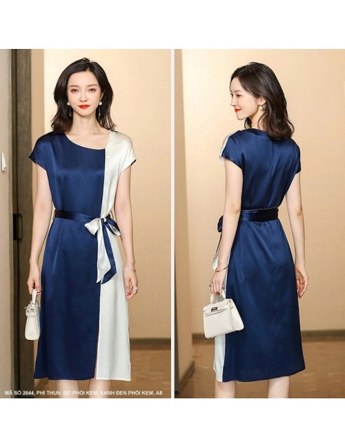 Đầm Suông Phối 2 Màu Eo Cột Nơ - 2644