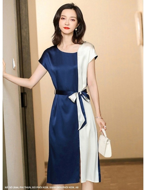 Đầm Suông Phối 2 Màu Eo Cột Nơ - 2644