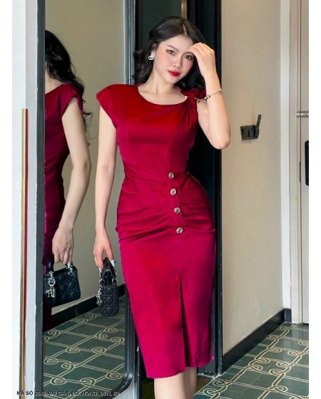 Đầm Ôm Vai Chéo Đính 4 Nút Eo - 2646