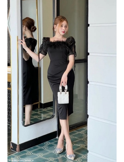 Đầm Cổ Vuông Vai Phồng Đính Lông Ngỗng - 2655