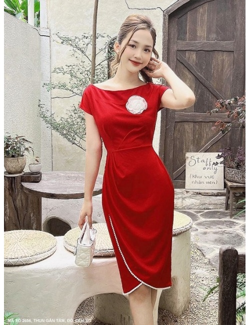 Đầm Dơi Viền Dây Ngọc Trai Ngực Đính Hoa Hồng - 2656
