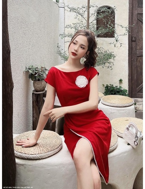 Đầm Dơi Viền Dây Ngọc Trai Ngực Đính Hoa Hồng - 2656