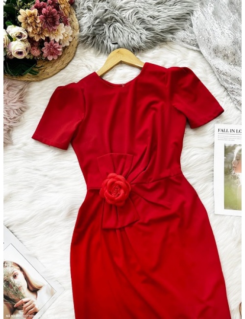 Đầm Ôm Tay Ngắn Váy Chẻ Eo Đính Hoa Hồng - 2657