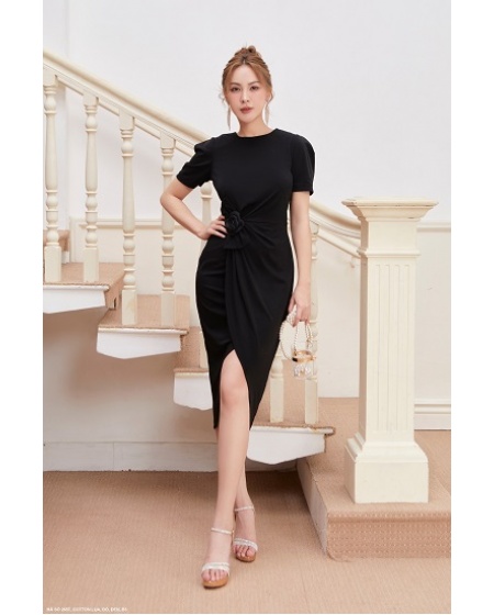 ĐẦM ÔM TAY NGẮN VÁY CHẺ EO ĐÍNH HOA HỒNG -2657