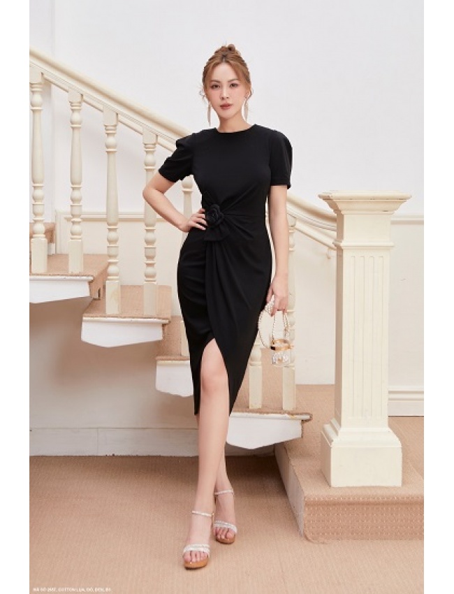 Đầm Ôm Tay Ngắn Váy Chẻ Eo Đính Hoa Hồng - 2657