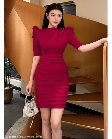 Đầm Ôm Cổ Lọ Tay Lỡ Vai Phồng Váy Xếp Ly Quyến Rũ - 2658