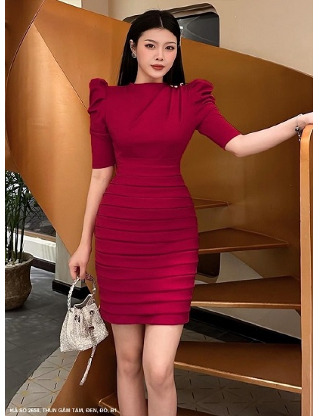 Đầm Ôm Cổ Lọ Tay Lỡ Vai Phồng Váy Xếp Ly Quyến Rũ - 2658