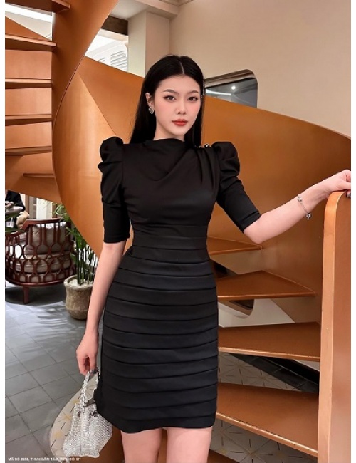 Đầm Ôm Cổ Lọ Tay Lỡ Vai Phồng Váy Xếp Ly Quyến Rũ - 2658