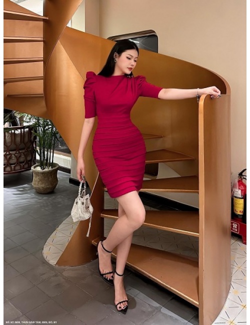 Đầm Ôm Cổ Lọ Tay Lỡ Vai Phồng Váy Xếp Ly Quyến Rũ - 2658