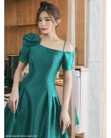 Đầm Xòe 1 Dây Một Bên Vai Đính Hoa Hồng - 2662