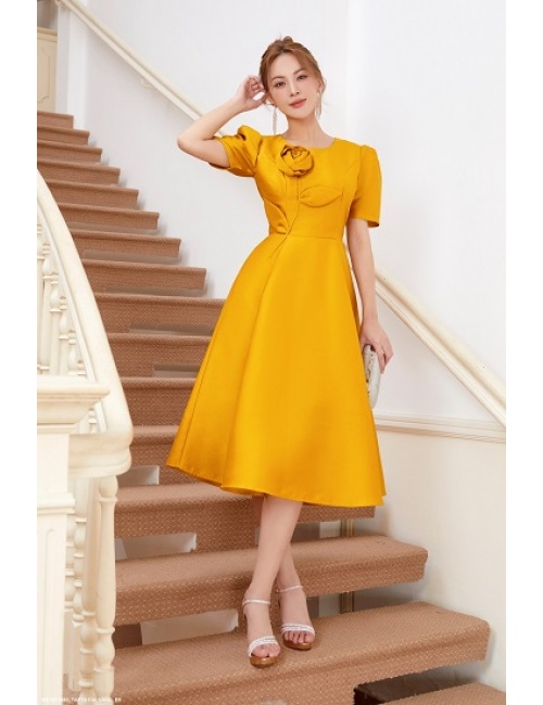 Đầm Xòe Tay Ngắn Đính Hoa Hồng Bên Ngực - 2663