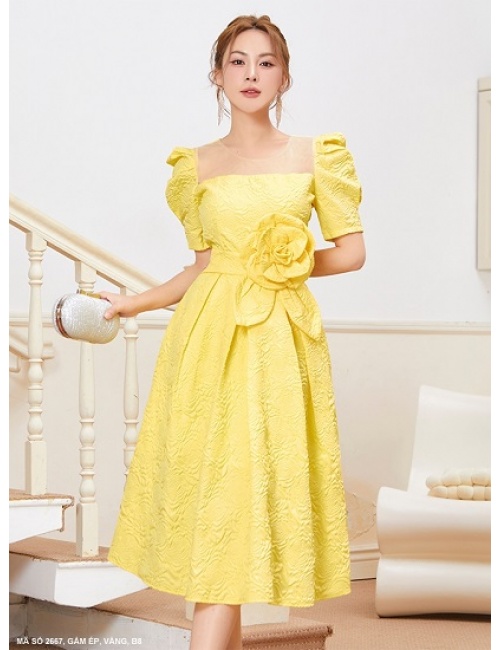 Đầm Xòe Tay Ngắn Cổ Rộng Eo Cột Hoa Hồng Lớn - 2667