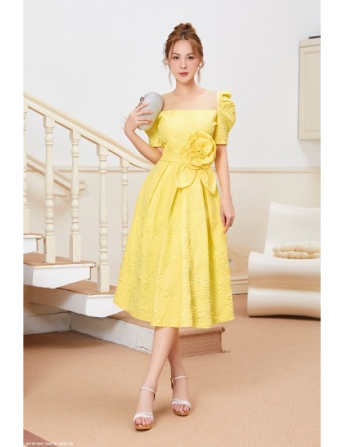 Đầm Xòe Tay Ngắn Cổ Rộng Eo Cột Hoa Hồng Lớn - 2667