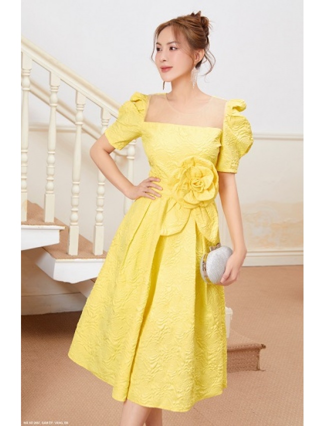 Đầm Xòe Tay Ngắn Cổ Rộng Eo Cột Hoa Hồng Lớn - 2667