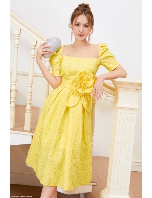 Đầm Xòe Tay Ngắn Cổ Rộng Eo Cột Hoa Hồng Lớn - 2667