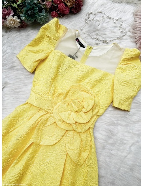 Đầm Xòe Tay Ngắn Cổ Rộng Eo Cột Hoa Hồng Lớn - 2667
