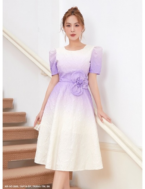 Đầm Xòe Tay Ngắn Phồng Eo Đính Hoa - 2669