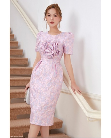 Đầm Ôm Bóp Eo Tay Phồng Đính Hoa Hồng Lớn Trước Ngực - 2671