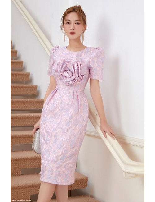 Đầm Ôm Bóp Eo Tay Phồng Đính Hoa Hồng Lớn Trước Ngực - 2671