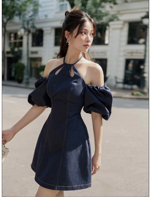 Đầm Jean Cổ Tròn Giọt Nước Tay Bí Rớt Vai Sang Trọng - 9030