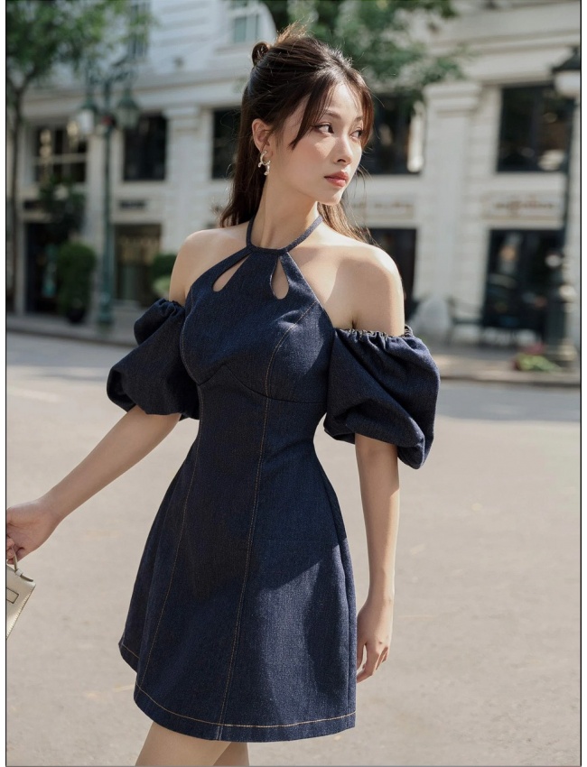 Đầm Jean Cổ Tròn Giọt Nước Tay Bí Rớt Vai Sang Trọng - 9030