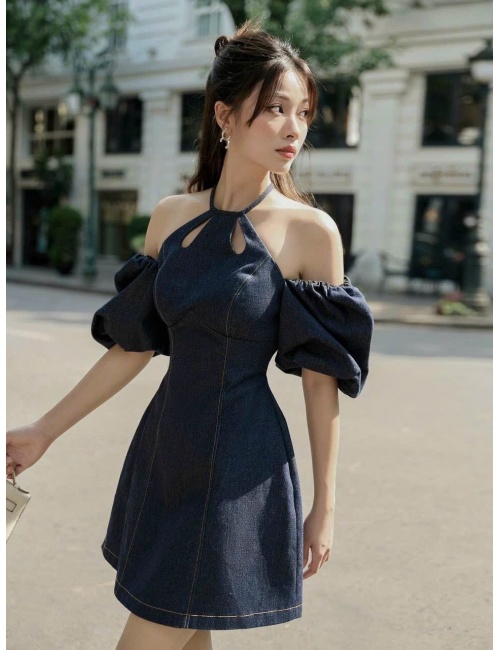 Đầm Jean Cổ Tròn Giọt Nước Tay Bí Rớt Vai Sang Trọng - 9030