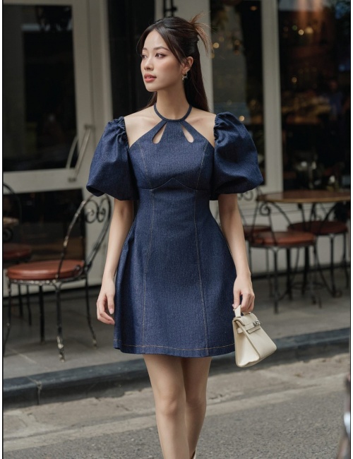 Đầm Jean Cổ Tròn Giọt Nước Tay Bí Rớt Vai Sang Trọng - 9030