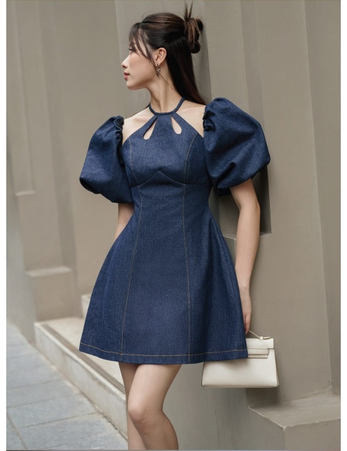 Đầm Jean Cổ Tròn Giọt Nước Tay Bí Rớt Vai Sang Trọng - 9030