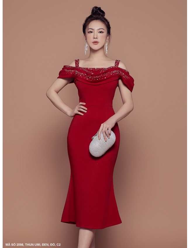 Đầm Dự Tiệc Trễ Vai Đính Hạt Quý Phái - 2598