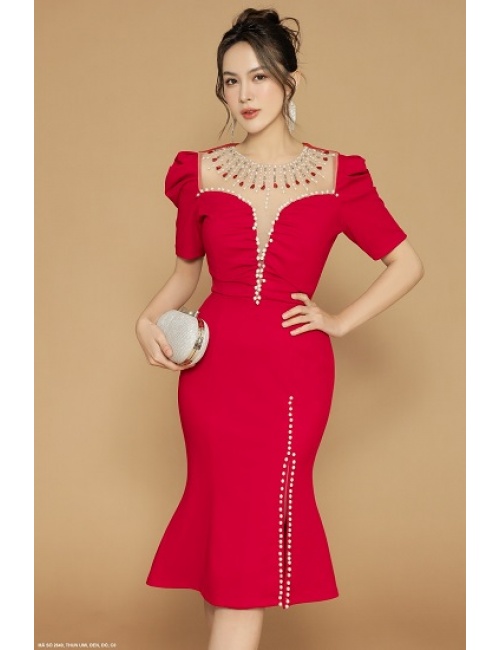 Đầm Ôm Lai Loe Cổ Phối Lưới Đính Ngọc Trai - 2640