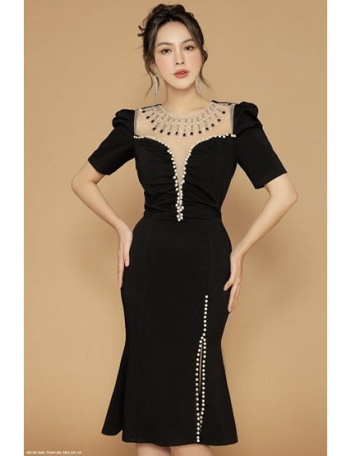 Đầm Ôm Lai Loe Cổ Phối Lưới Đính Ngọc Trai - 2640