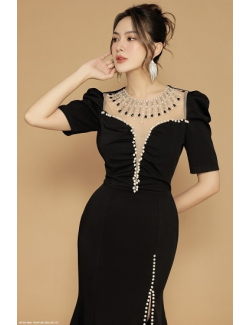 Đầm Ôm Lai Loe Cổ Phối Lưới Đính Ngọc Trai - 2640
