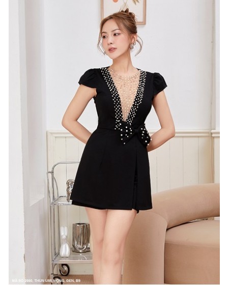 BỘ NGẮN TAY DÚN BÈO ĐÍNH HẠT LAI ÁO VÀ CỔ ÁO  -2660