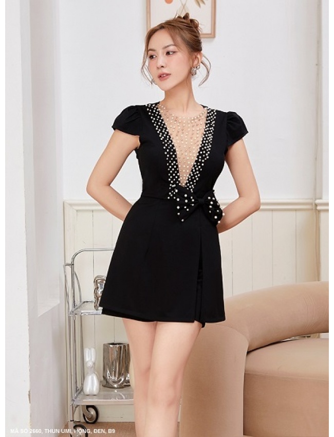 Bộ Ngắn Tay Dún Bèo Đính Hạt Lai Áo Và Cổ Áo - 2660