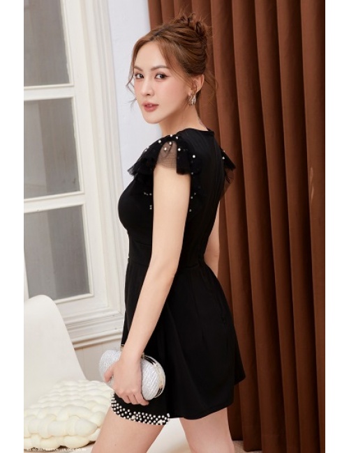 Bộ Ngắn Tay Dún Bèo Đính Hạt Lai Áo Và Cổ Áo - 2661