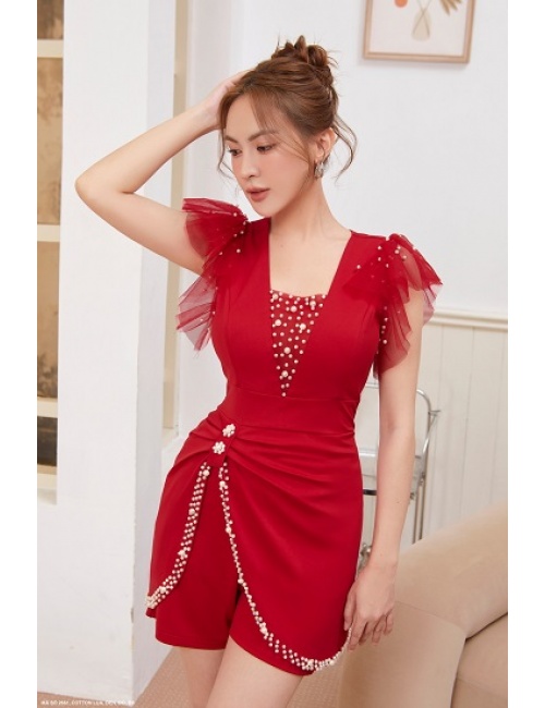 Bộ Ngắn Tay Dún Bèo Đính Hạt Lai Áo Và Cổ Áo - 2661