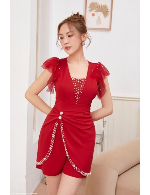 Bộ Ngắn Tay Dún Bèo Đính Hạt Lai Áo Và Cổ Áo - 2661