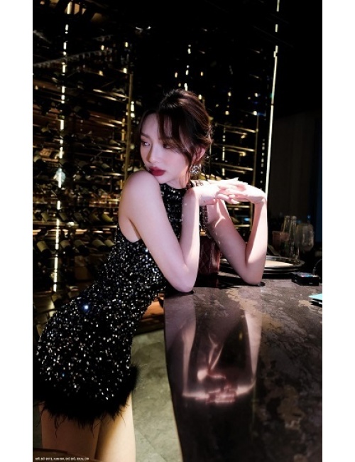 Đầm Kim Sa Cổ Lọ Sát Nách Lai Lông Đà Điểu - 2672