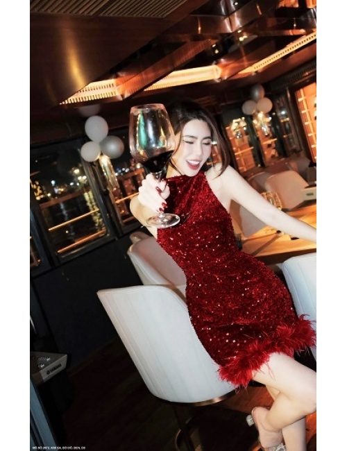 Đầm Kim Sa Cổ Lọ Sát Nách Lai Lông Đà Điểu - 2672
